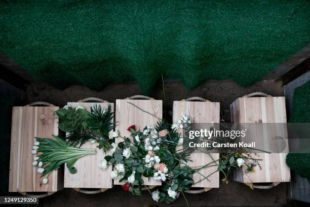 Flowers lie on boxes in the grave containing human remains found on the grounds of a Berlin university during a burial ceremony at Waldfriedhof...