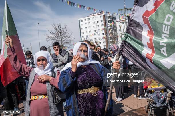 Women with Amedspor flag in their hands are smoking their cigarettes during the celebration. At the call of the Peoples' Democratic Party , thousands...