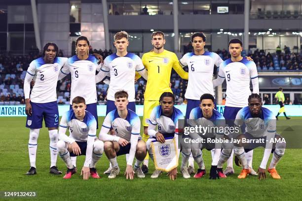 Players of England U20 team group during the International Friendly match between England U20 and Germany U20 at Manchester City Academy Stadium on...