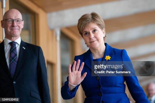 Nicola Sturgeon, First Minister of Scotland, arrives with outgoing Deputy First Minister John Swinney for her final First Minister's Questions on...