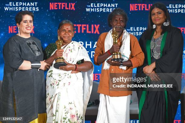 Indian film producer Guneet Monga , protagonists of Oscar winning Documentary short "The Elephant Whisperers" Bellie , Bomman and Indian filmmaker...