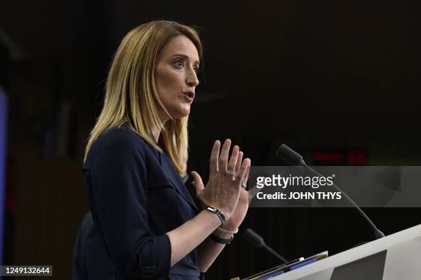European Parliament President Roberta Metsola speaks during a press conference at EU Summit, at the EU headquarters in Brussels, on March 23, 2023. -...
