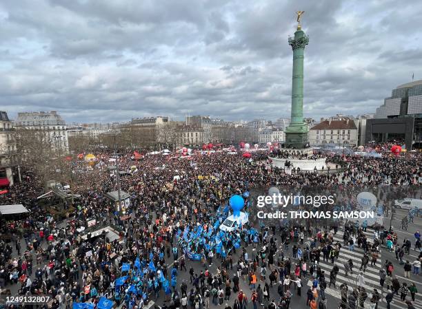 Protestors gather on place de la Bastille to attend a demonstration a week after the government pushed a pensions reform through parliament without a...