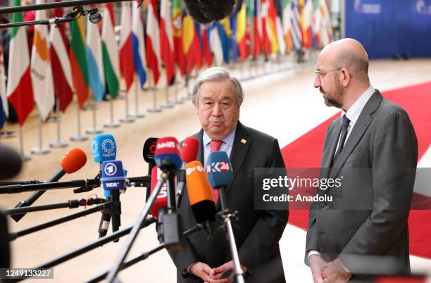 Secretary General Antonio Guterres speaks to the press as European Commission President Charles Michel attends European Union Leaders Summit in...