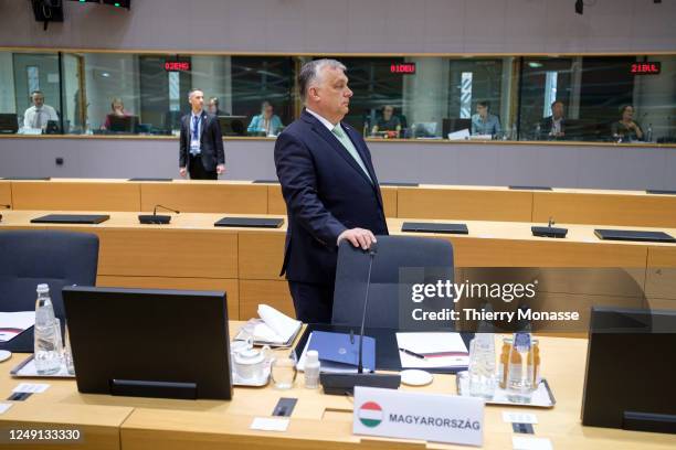 Hungarian Prime Minister Viktor Mihaly Orban attends a two days EU Summit in the Europa, the EU Council headquarter on March 23, 2023 in Brussels,...