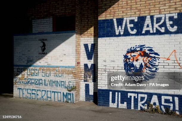 Napoli ultras graffiti is seen on wall near the stadium before the UEFA Euro 2024 qualifying match at the Diego Armando Maradona Stadium in Naples,...