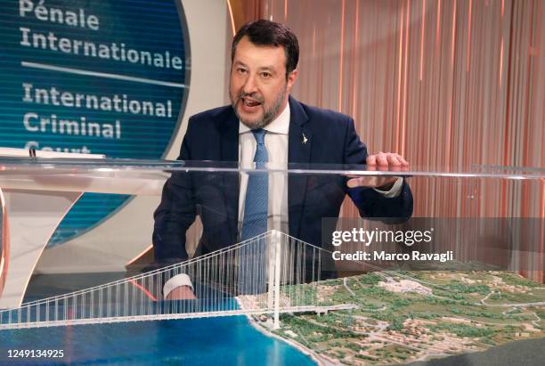 The Minister of Infrastructure Matteo Salvini with the project of the bridge over the Strait of Messina during the RAI TV show "Cinque minuti"