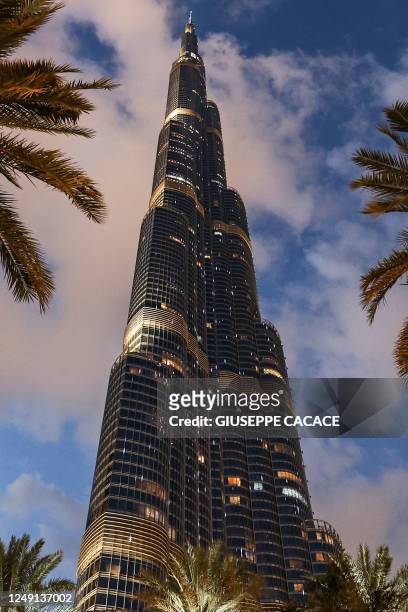 This picture taken on March 23, 2023 shows a view of Dubai's landmark Burj Khalifa skyscraper, the world's tallest building, on the first day of the...