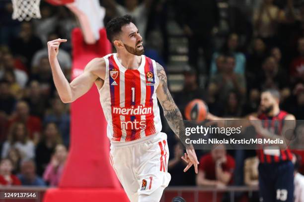 Luca Vildoza of Crvena Zvezda mts Belgrade celebrates after scoring during the 2022/2023 Turkish Airlines EuroLeague match between Crvena Zvezda mts...