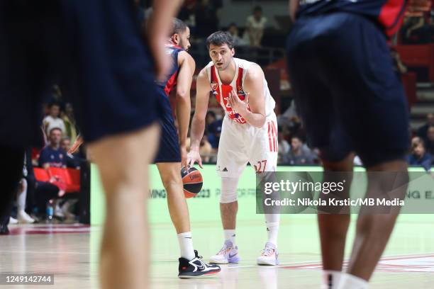 Stefan Markovic of Crvena Zvezda mts Belgrade gestures during the 2022/2023 Turkish Airlines EuroLeague Regular Season Round 30 match between Crvena...