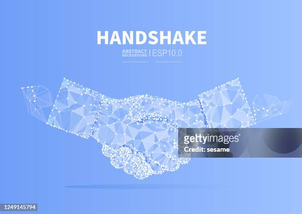 conceptual illustration of business cooperation, handshake to reach agreement, dotted line connection low polygon handshake background - diplomacy stock illustrations