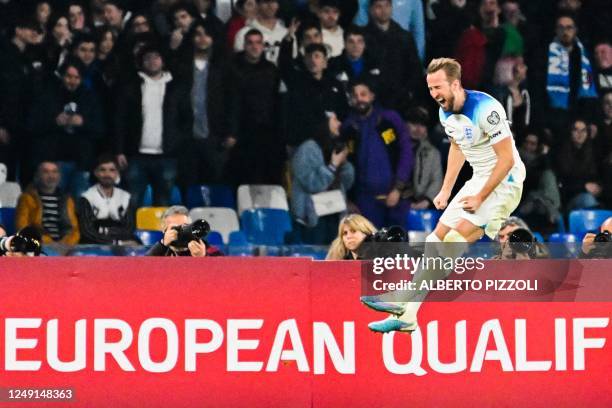 England's forward Harry Kane celebrates after scoring a penalty and his side's second goal during the UEFA Euro 2024 Group C qualification match...