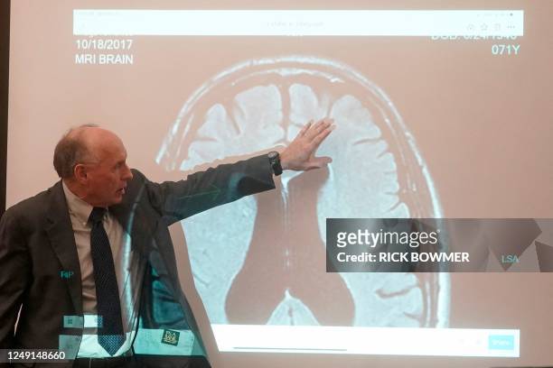 Doctor Wendell Gibby describes an MRI showing the brain of the man suing Gwyneth Paltrow over a 2016 ski collision, on March 22 in Park City, Utah. -...