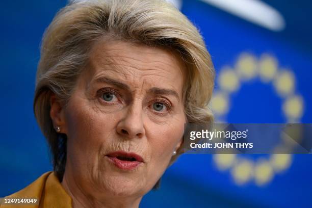 European Commission President Ursula von der Leyen holds a press conference during a European Union summit, at the EU headquarters in Brussels, on...