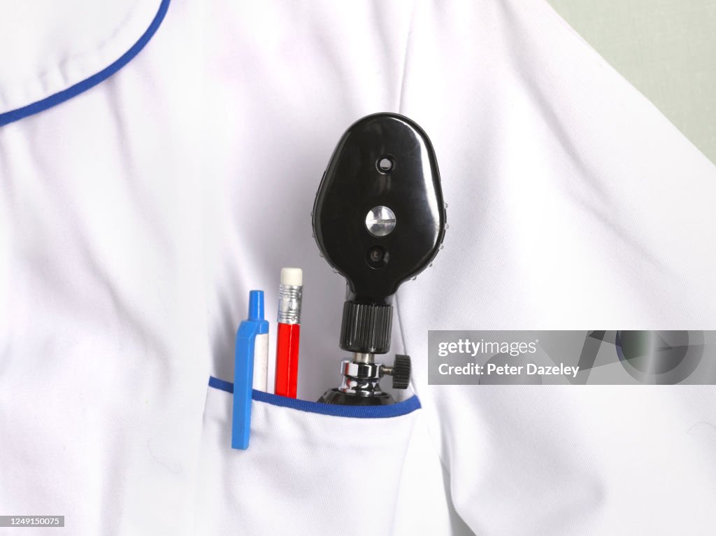 Close up of Optician's white coat pocket