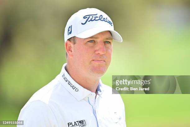 Tom Hoge walks onto the first tee box during the second day of the World Golf Championships-Dell Technologies Match Play at Austin Country Club on...