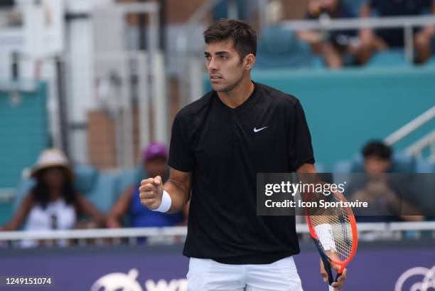 Christian Garin wins his match during his first round at the Miami Open on March 23, 2023 at Hard Rock Stadium in Miami Gardens, Florida.