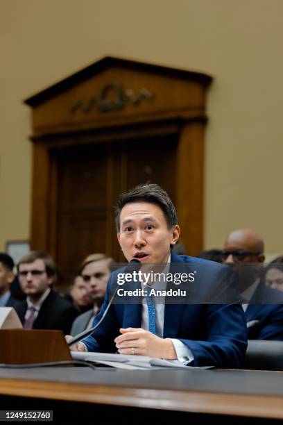 TikTok CEO Shou Zi Chew anwers questions from U.S. Representatives during his testimony at a Congressional hearing on TikTok in Washington, DC on...