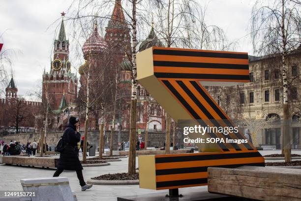 Letter installation in Zaryadye Park in Moscow. Latin script letters "Z" and "V" were first seen painted on Russian military vehicles fighting in...