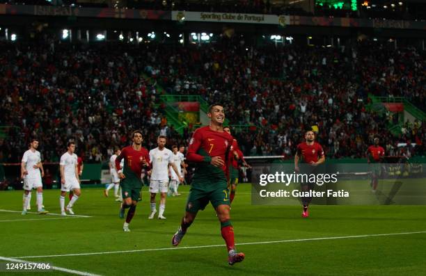 Cristiano Ronaldo of Portugal celebrates after scoring a goal during the Group J - UEFA EURO 2024 Qualifying Round match between Portugal and...