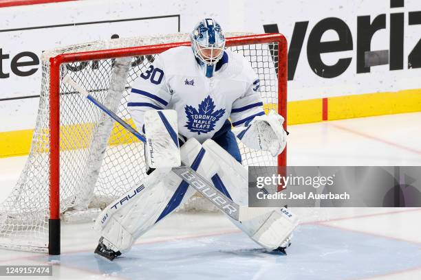 Goaltender Matt Murray of the Toronto Maple Leafs warms up prior to the game against the Florida Panthers at the FLA Live Arena on March 23, 2023 in...