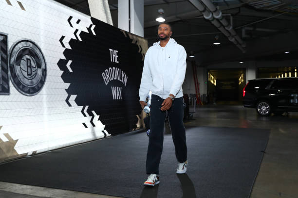 Mikal Bridges of the Brooklyn Nets arrives to the arena before the game against the Cleveland Cavaliers on March 23, 2023 at Barclays Center in...