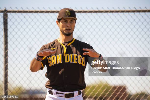 Yu Darvish of the San Diego Padres works out at the Peoria Sports Complex on March 23, 2023 in Peoria, Arizona.