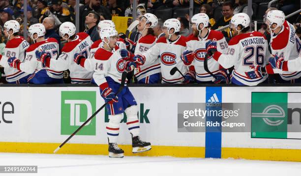 Nick Suzuki of the Montreal Canadiens celebrates his goal against the Boston Bruins during the first period at the TD Garden on March 23, 2023 in...