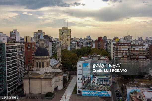 Aerial view of the Cathedral Basilica Shrine of Our Lady of the Rosary and a mural of General Manuel Belgrano in Rosario, Santa Fe province,...
