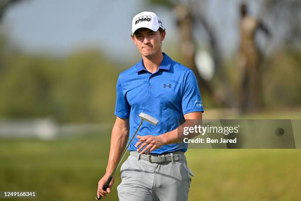 Maverick McNealy walks on the 18th green during the second day of the World Golf Championships-Dell Technologies Match Play at Austin Country Club on...