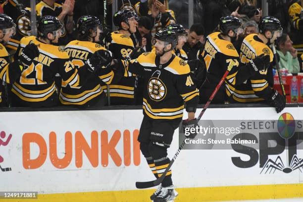 David Krejci of the Boston Bruins celebrates his third period goal against the Montreal Canadiens at the TD Garden on March 23, 2023 in Boston,...