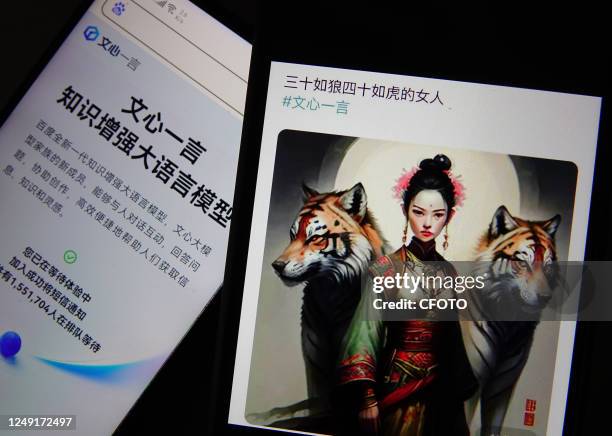 Netizen shows information about Baidu's "ERNIE Bot" on his mobile phone in Yichang, Hubei province, China, March 24, 2023. The "ERNIE Bot" Vincennes...