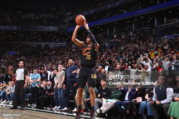 Isaac Okoro of the Cleveland Cavaliers shoots the ball to win the game against the Brooklyn Nets on March 23, 2023 at Barclays Center in Brooklyn,...