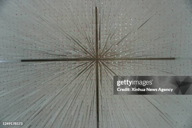 This photo taken on March 16, 2023 shows details of the light-up model of the UK pavilion for the Shanghai World Expo at the exhibition "Heatherwick...