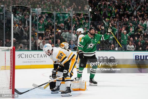 Jamie Benn of the Dallas Stars celebrates a goal against the Pittsburgh Penguins at the American Airlines Center on March 23, 2023 in Dallas, Texas.