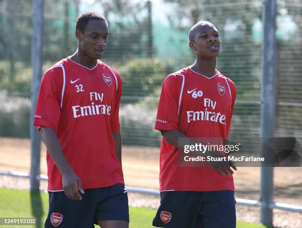 Gavin and Justin Hoyte of Arsenal after an Arsenal training session on March 13, 2007 in St. Albans, England.