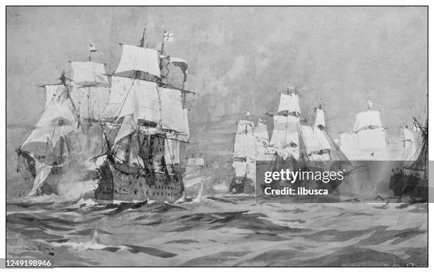 illustrations, cliparts, dessins animés et icônes de illustration antique de la marine et de l’armée britanniques : français et navires britanniques, 17 juillet 1795 - infanterie de marine