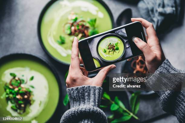 mujer fotografiando sopa verde fresca - fotografía producto de arte y artesanía fotografías e imágenes de stock