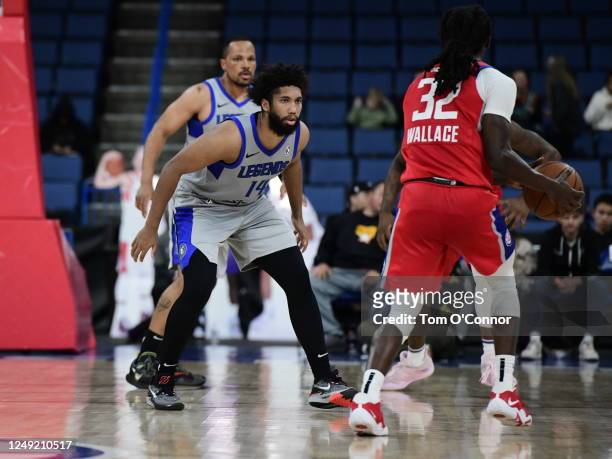 Tyler Hall of Texas Legends defends Keaton Wallace of Ontario Clippers on March 23, 2023 at Toyota Arena in Ontario, California. NOTE TO USER: User...