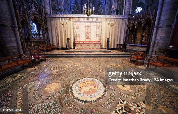 The Cosmati pavement, located before the altar at Westminster Abbey, central London. Picture date: Thursday March 23, 2023.