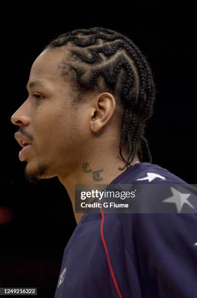 Allen Iverson of the USA warms up before the exhibition game against the Puerto Rico Senior National Team on August 17, 2003 at Madison Square Garden...