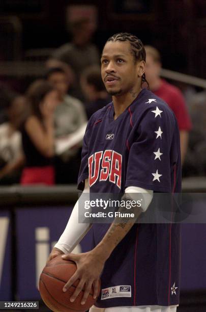 Allen Iverson of the USA warms up before the exhibition game against the Puerto Rico Senior National Team on August 17, 2003 at Madison Square Garden...