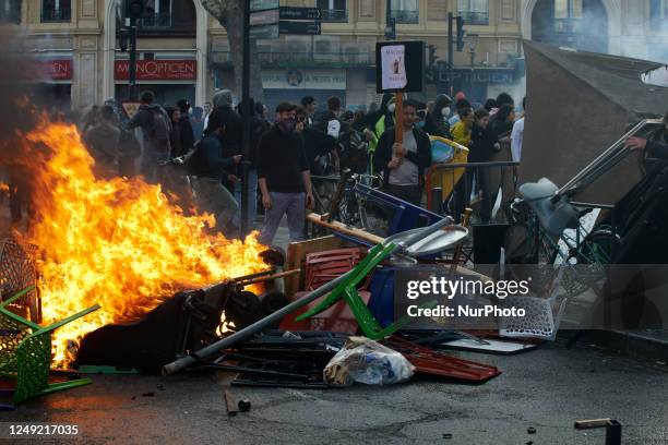 Scuffles happened between protesters and riot police during the protest as people reacted with anger to the interview of President Macron to justify...