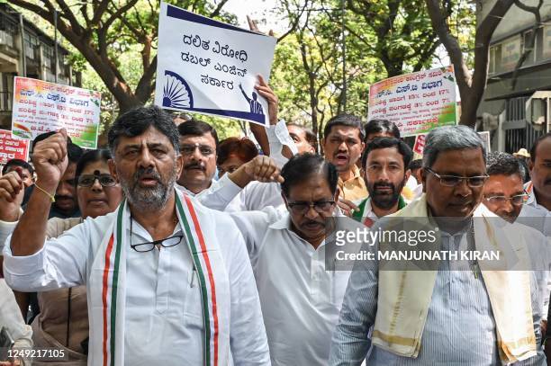 Senior Congress leaders, Siddaramaiah , D.K. Shivakumar , G. Parameshwar take part in a protest demonstration against Bharatiya Janatha Party for the...