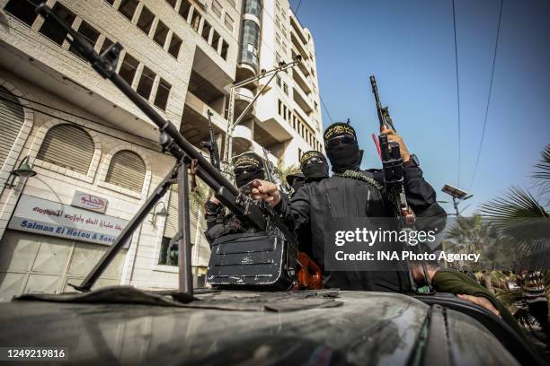 Palestinian Islamic Jihad supporters, during a memorial service for the leader of the movement, Ramadan Shallah in Gaza City, June 8, 2020. Shallah...