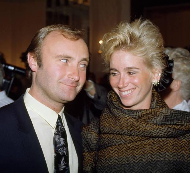British singer, musician and songwriter Phil Collins with his wife Jill Tavelman in London, circa October 1987.