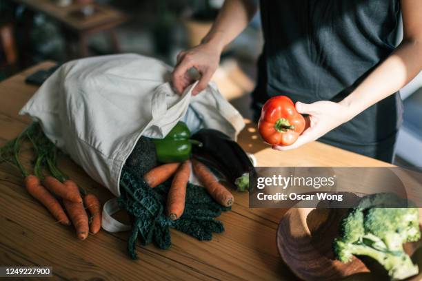 young woman organising groceries after shopping - stofftasche stock-fotos und bilder