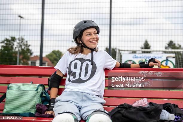 Year-old Lilly Stoephasius sits at a bench after training at Jugendwerk-Skatepark in Lichterfelde on June 12, 2020 in Berlin, Germany. Lilly is...