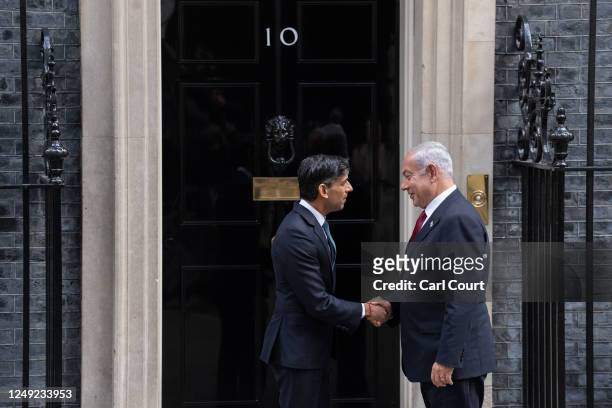 Britain's Prime Minister, Rishi Sunak , greets Israel's prime minister Benjamin Netanyahu in Downing Street on March 24, 2023 in London, England....