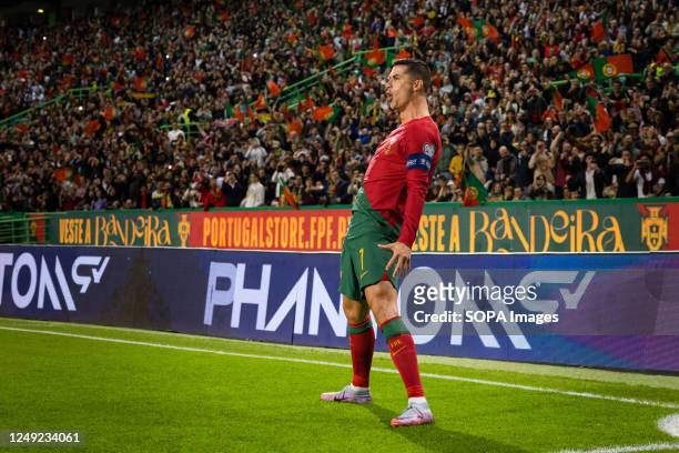 Cristiano Ronaldo of Portugal celebrates a goal during the UEFA EURO 2024 qualifying round group J match between Portugal and Liechtenstein at...